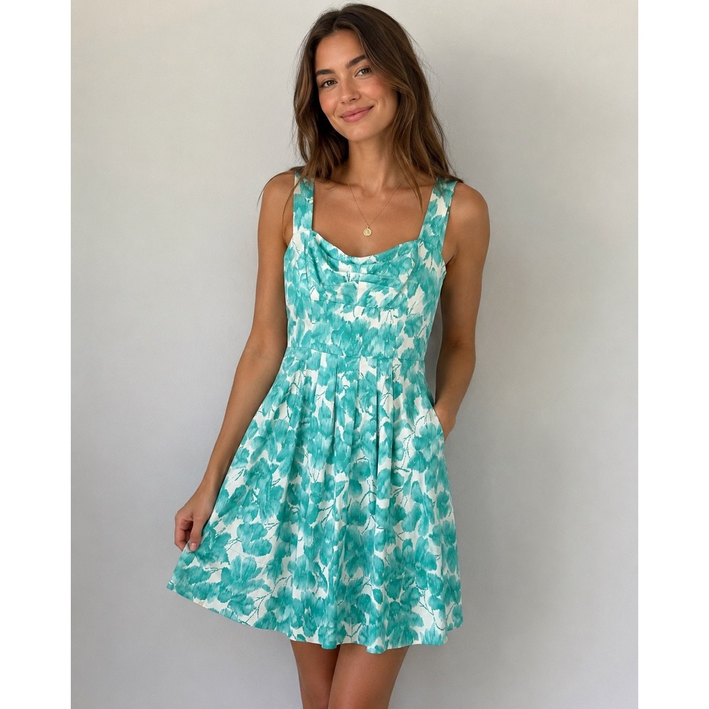 Donna Ricco Floral Fit & Flare‎ Dress Teal White Pockets Cotton Sz 4